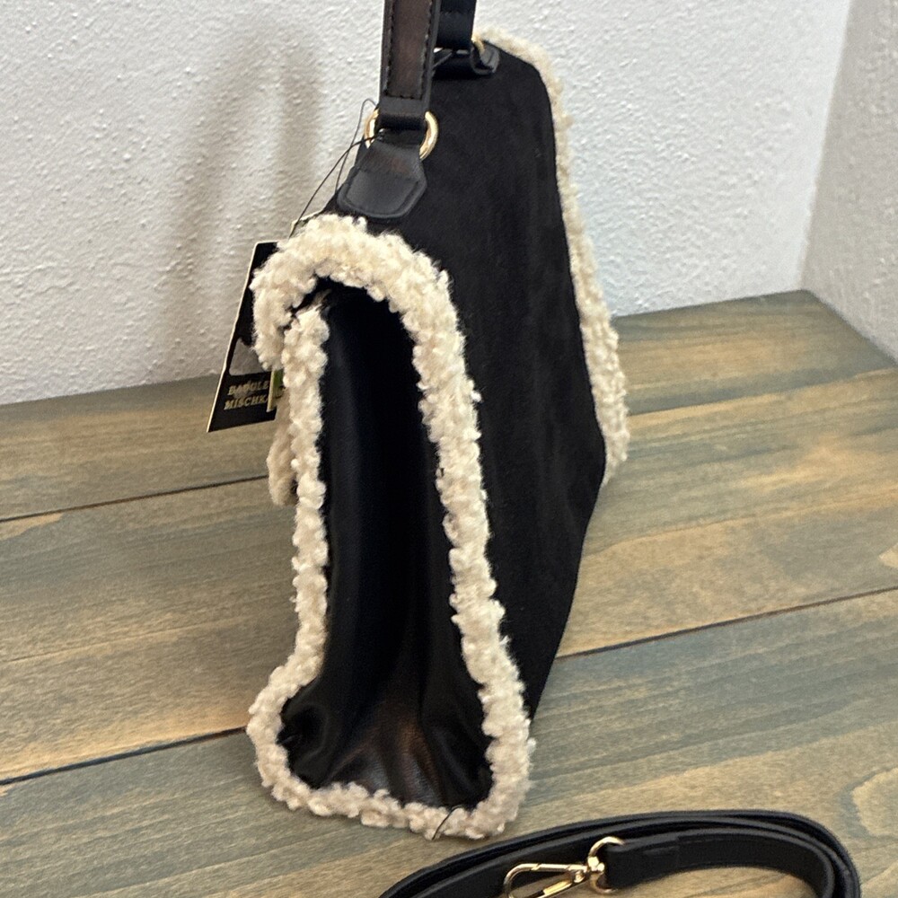 Badgley Mischka NWT Shearling Faux Fur Satchel Crossbody Black Handbag(ST) - Picture 6 of 10